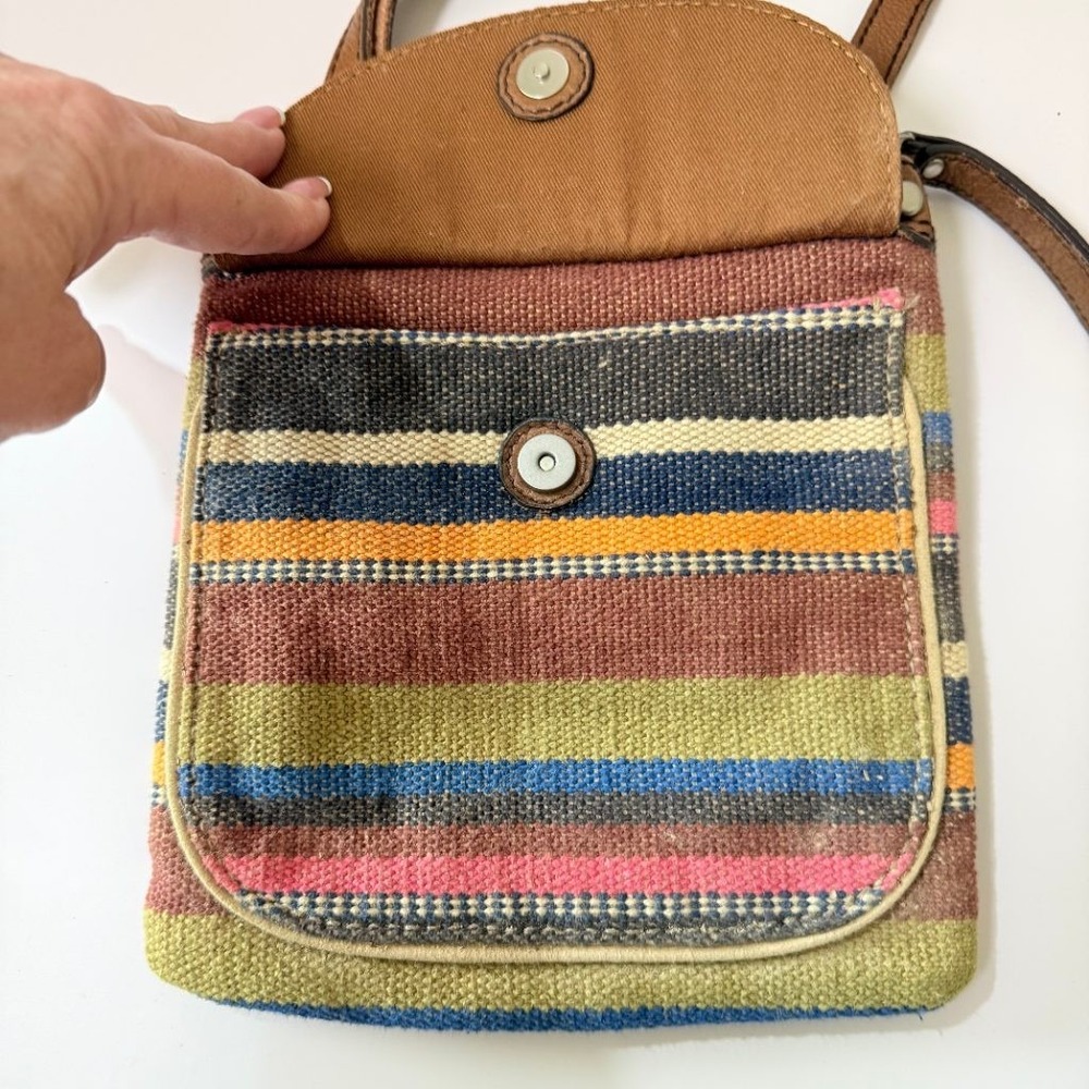 VTG Fossil Crossbody Bag Woven Striped Canvas Brown Leather Boho Key Small Purse - Picture 2 of 8